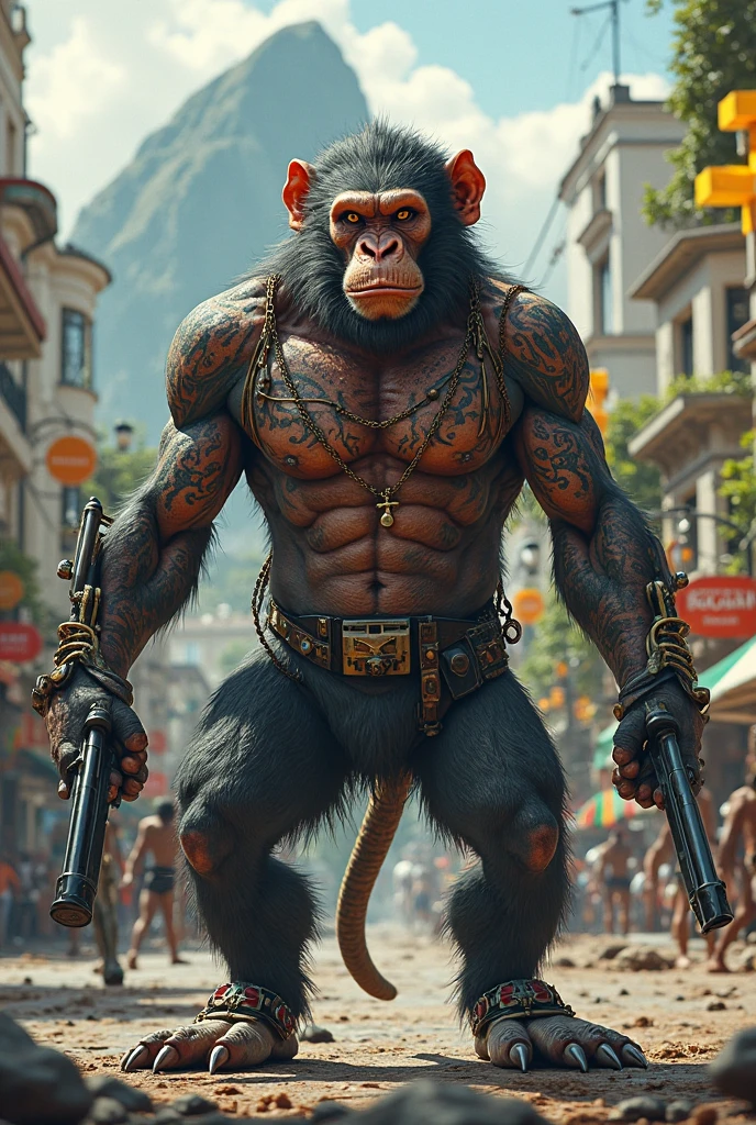 Gangster ape with gun, tattoos all over the body and guns on the back and guns even in the teeth at a fair in India