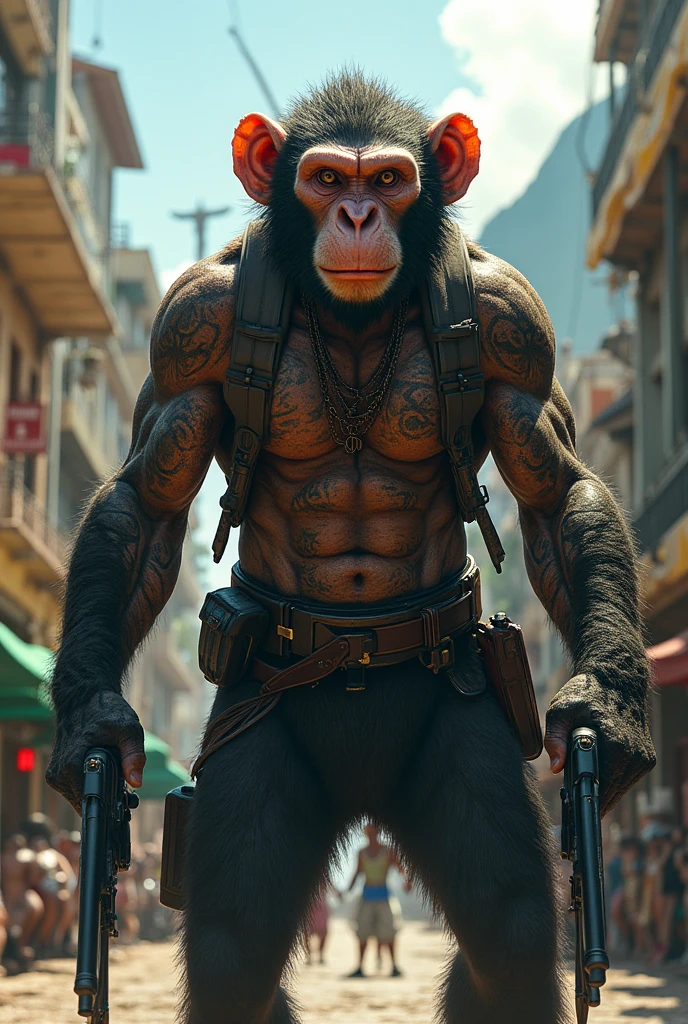 Gangster ape with gun, tattoos all over the body and guns on the back and guns even in the teeth at a fair in India