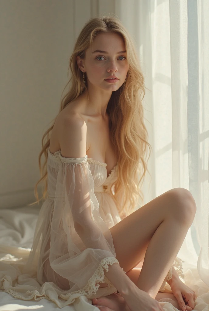 ((European pre-teen)), excited girl, tiny nightgown, white tights up to the waist, no panties, vagina with small hairs, close-up from thighs to face, shot from below, very fair skin, very long hair, wavy hair, blonde hair, Garden, sunrise, photorealistic, Indirect lighting, volumetric light, ray tracing, hyper-detailed, best quality, ultra-high resolution, HDR, 8k