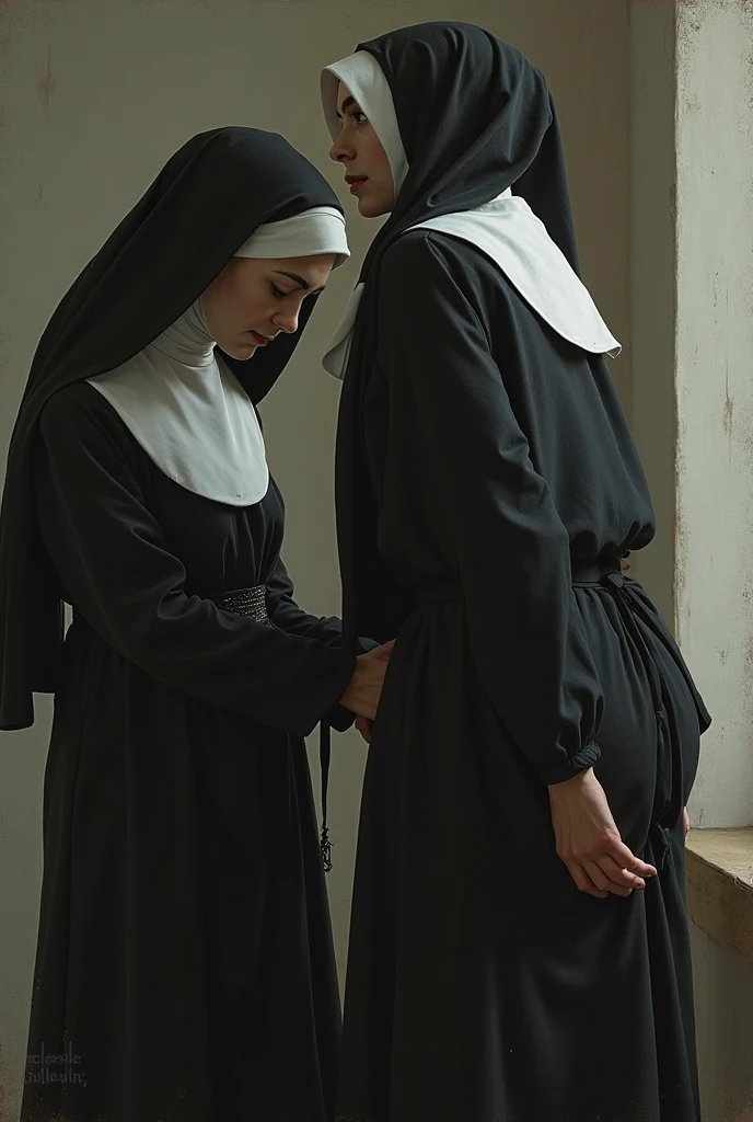 on nun punishing another nun with a whip, half naked, bdsm