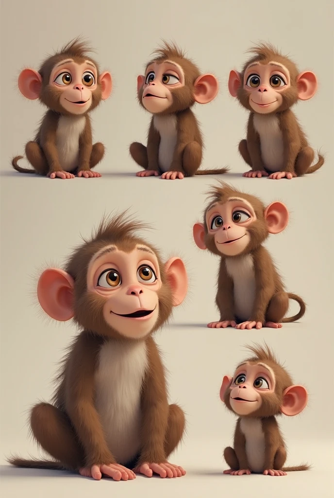 Beautiful anthropomorphic Walt Disney style monkey
with two legs in 10 different poses, seen from the back, front, side, wearing sneakers shoes, character sheet, T position, standing, front, side, backboob, Multiple postures and facial expressions, eyes big cartoon ones.