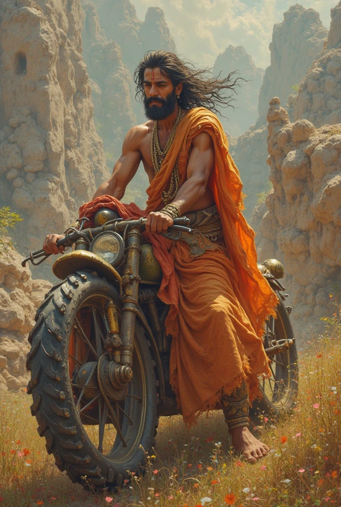 Lord shiva with sunglasses sitting on royal Enfield with muscular body