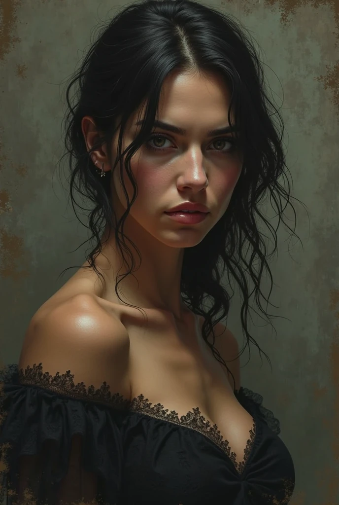 Style by Style Style Crypt Award winner, Spectacular oil painting of a beautiful medieval latina peasant girl, 35yo, (seductive expression:1.2), erotic espression, an ominous, evil, (Backlight:1.3), Digital Painting, concept art, Smooth, Sharp focus, Three-part method, Dark fantasy,Intricate details, art:Alexis Briclot, Medium Shot, (Shallow depth of field:1.3), grin seductively, She is erotic, sexy, seductive, moistskin, hyper detailed skin texture, nudity