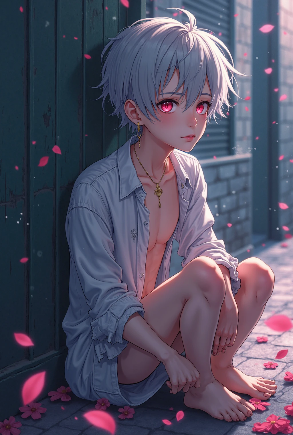 a young guy, (medium messy hair:1.25), [white hair | silver hair | blue hair], (moscow, russia:1.4), (falling leaves:1.45), (sun rays:1.25), (tattered shirt), tits out, blush, (inner city park:1.25), (shoulder shrugs, shoulders up:1.25), medium shoot, muted colors, <lora:LowRA:0.6>