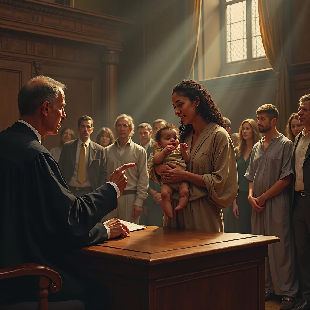 A man dressed as a judge with a woman with her baby 