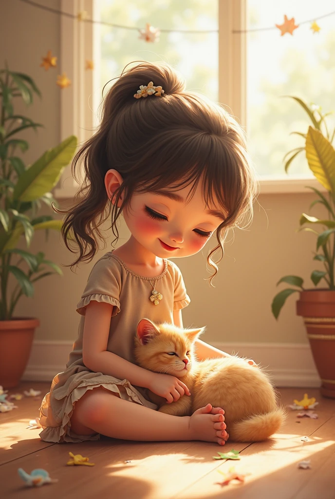 the small girl gives milk to ginger cat in the bowl.