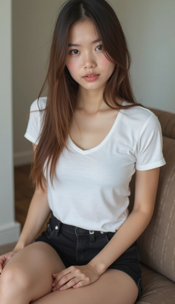 Create an image of a young girl of 28 with striking features: half of her hair is a vibrant shade of red, complementing her deep brown eyes. She's dressed casually in a comfortable white t-shirt, exuding a sense of relaxed confidence.", highres, 8k, best quality, award winning
