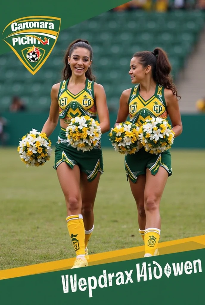 Masterpiece, photorealistic full body professional photograph of 2 young mexican girls, dark brown hair, 18-years-old, in green and yellow cheerleader uniforms, with beautiful faces and full lips, realistic skin, skinny runners' bodies, toned arms, both have very long dark brown wavy hair in a ponytail, in a playful mood, smiling happily with teeth visible, lifting up shirt to show exposed breasts, lifting up skirt to show vagina, no pubic hair, in a crowded stadium, facing camera, full body image