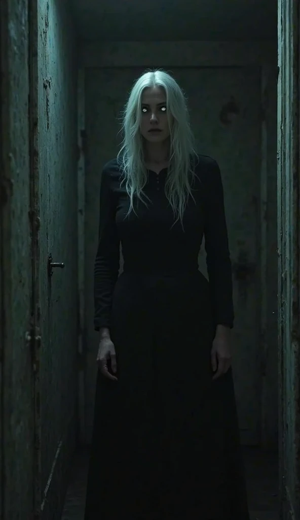 Ghostly old woman with silver hair covering her entire face , dressing,  black and torn dress and she floating inside an old and dirty house