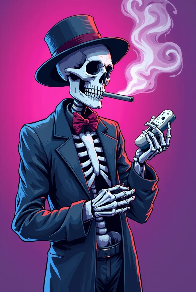 A whimsical and charming Chibi Stoner Reaper illustration showcases a playful skeletal figure with large eyes, wearing a stylish hat and lounging on a cozy couch. This endearing Reaper character is puffing on a joint, surrounded by a cloud of smoke, exuding a laid-back vibe. The typography features bold, eye-catching letters with a unique and edgy design, presenting the thought-provoking caption, "WHO WANTS TO LIVE FOREVER?" The overall mood of this piece is lighthearted, humorous, and slightly surreal, offering a fresh take on dark fantasy., typography, illustration, dark fantasy