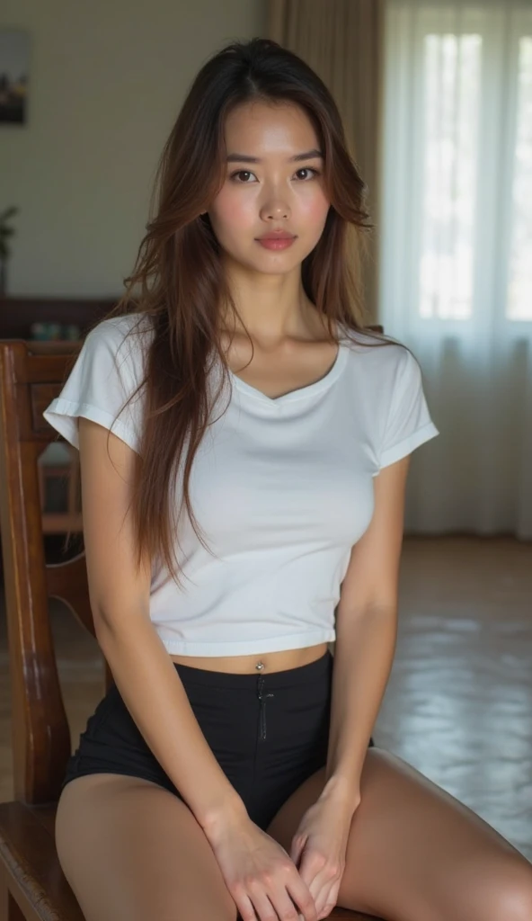 beautiful woman, with tears on her face, brown eyes, long straight black hair, wearing a white t-shirt without print, wearing leather belt, front view (sitting inside a modern restaurant at night), Isabelle Adjani, very detailed, 30 years old, natural wave hair, blue eyes, high-res, masterpiece, best quality, intricate details, highly detailed, sharp focus, detailed skin,  realistic skin texture, texture, detailed eyes, professional, 4k, Canon shooting, 85mm, shallow depth of field, kodak vision color, perfect fit body, extremely detailed, photo_\(ultra\), photorealistic, realistic, post-processing, maximum detail, roughness, real life, ultra realistic, photorealism, photography, 8k uhd, photography (grain of film) medium shot for closeup shot atmospheric dark lighting --auto --s2