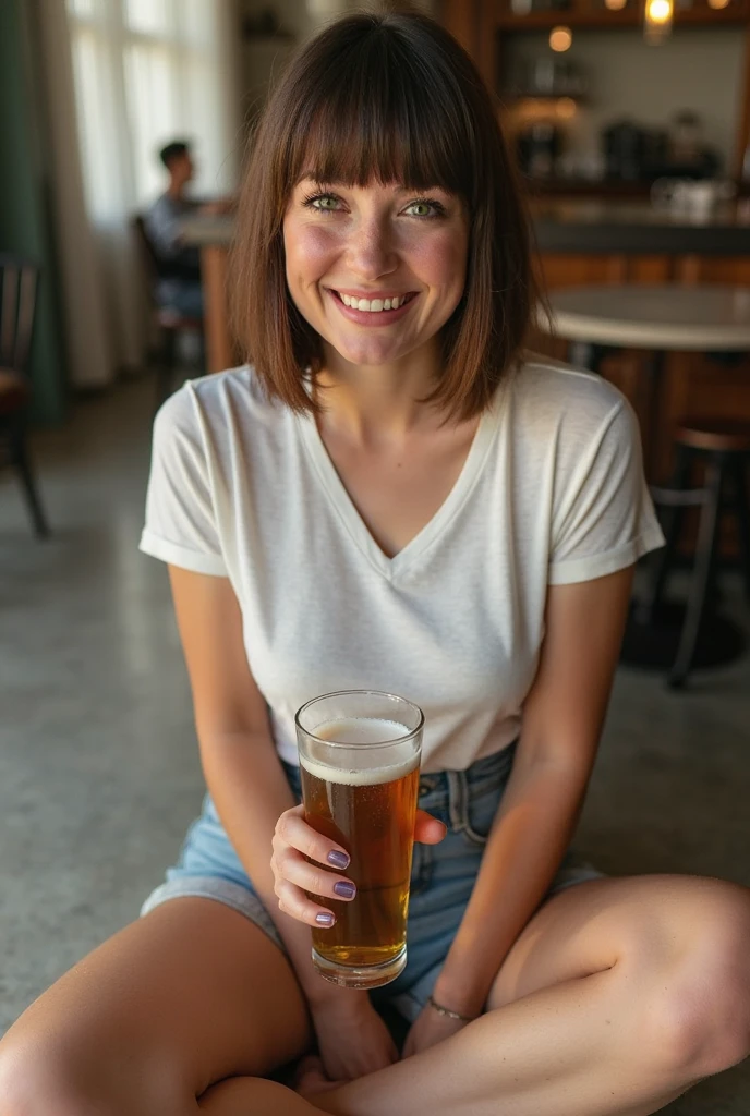 woman, female, cheerful, grinning, sitting on the floor, looking at viewer, blunt cut, bob, brown hair, green eyes, wide-eyed, fair skin, pale skin, short, glamorous, plump, rotund, t-shirt, shorts, with a beer