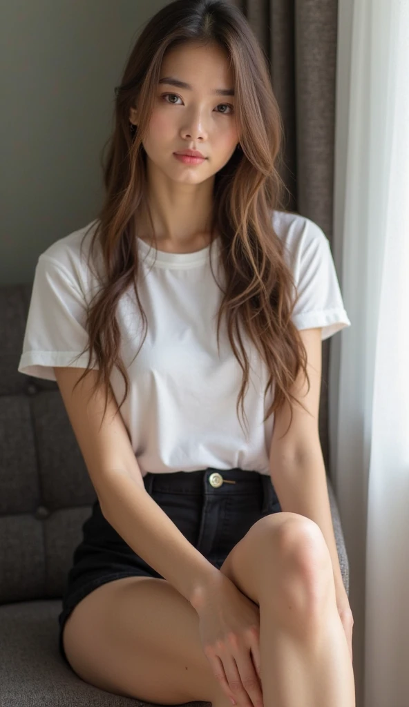 A girl with long brown hair sitting in short shorts 