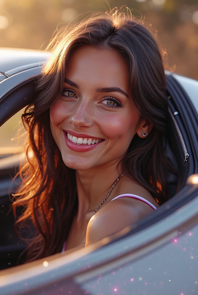 long shot scenic professional photograph of High quality, masterpiece, 1 girl, age 19 years, exquisite facial features, relaxed and confident, glowing snow white soft skin, alluring sexy wide smile, exposing symmetrical perfect pearl white teeth, gazelle eyes, exquisite hazel brown hair, UHD 64K, ultra-high quality, gorgeous light and shadow, Tyndall effect, halo, messy hair, young state, medium breasts, goddess, dream girl, gorgeous scenes, standing outside in open air, sipping Starbuck coffee jar, 1 luxurious 2024 Lamborghini Revuelto in background, parked facing front, 20 m distance far away behind girl, display car face with emblem, showcasing complete professional motorsport driver Outfit kit, Dynamic Poses, Dynamic Styles, from above, symmetric car geometry, perfect built, perfect size, perfect dimensions, perfect proportions, perfect rooftop geometry, random colours, perfect wheels geometry, perfect pillars and fenders geometry, 1 vehicle, perfect viewpoint, highly detailed, wide-angle lens, hyper realistic, with dramatic sky, polarizing filter, natural lighting, vivid colors, everything in sharp focus, HDR, UHD, 64K, RAW candid cinema, 16mm, color graded portra 400 film, remarkable color, ultra realistic, textured skin, remarkable detailed pupils, realistic dull skin noise, visible skin detail, skin fuzz, dry skin, shot with cinematic camera