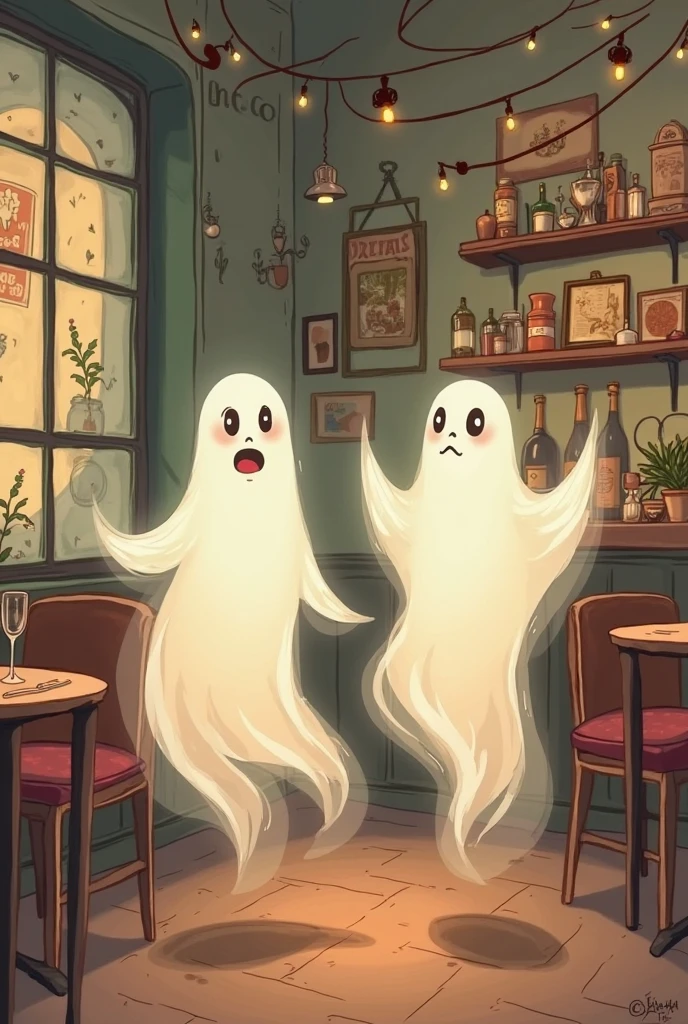 Cartoon of a meeting of ghosts in a house