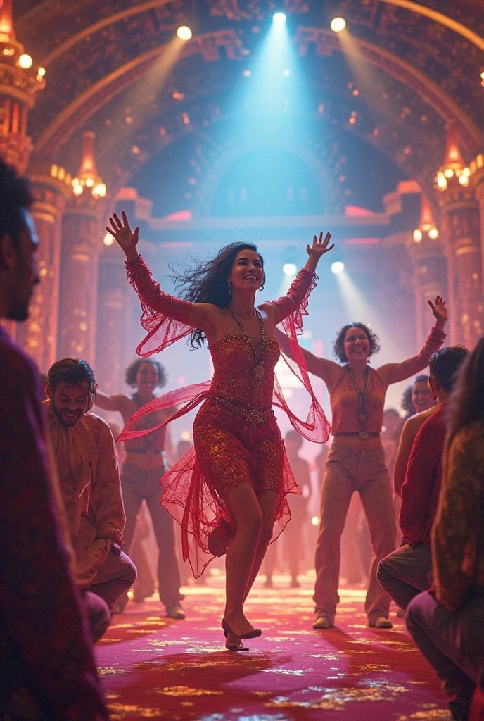 A dark-skinned girl with glasses and long brown straight hair dancing in a dance hall