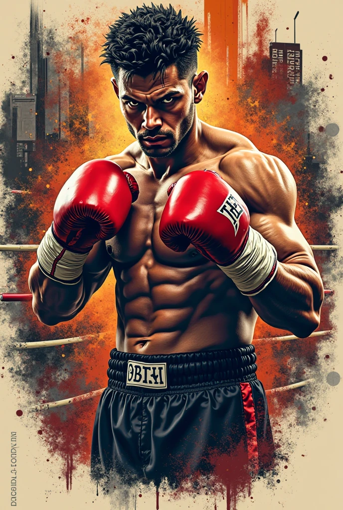 A midshot of a fiercely determined man exudes confidence with his light brown skin, black medium taper fade, and striking red eyes. He stands in a powerful boxing stance, with his guard up,an eye catching boxing gym background. This captivating image is rendered in a modern Frutiger Aero aesthetic style, showcasing vibrant colors and sharp details in stunning 4k HD resolution in the . The man's sleek and stylish appearance jumps off the screen, drawing viewers in with its high-quality and visually striking presentation,front view,ambient light 