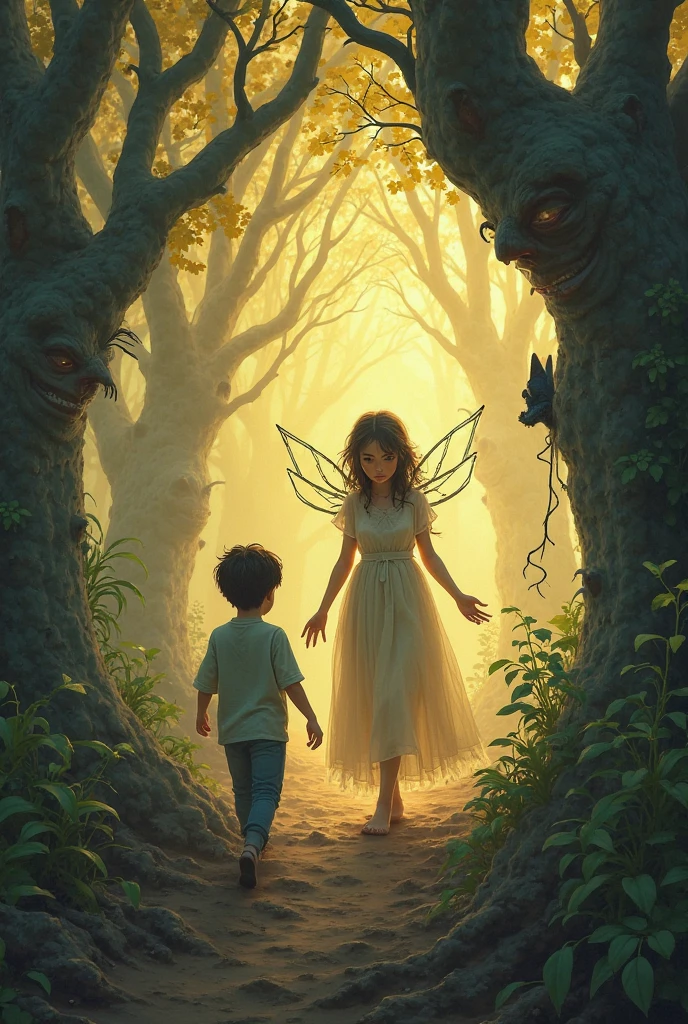 Similar to the movie style of My Neighbor Totoro,The fairy lady in front looked at them kindly and smiled.,The magic wand in my hand is glowing,The door to magic is opening
