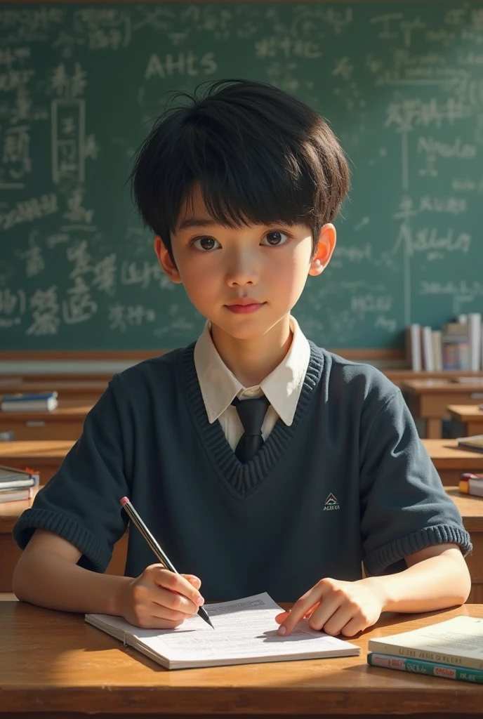 Realistic style, 14-year-old male students, wearing navy blue physics uniforms, at blue student desks with math books 