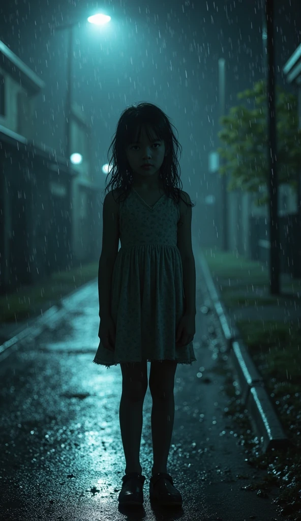 8K quality,Ultra-high resolution,Highest fidelity,photore,1girll,white shirt,Ragged denim shorts,White sneakers,dimly lit,darkly,be desperate,pitying,cute little,cinematic ligh,tears,tear drop,Torn clothes 1.5,Wet clothes 1.4,exposed bare shoulders,Real rain,Wet hair,Wet translucent clothes and school clothes