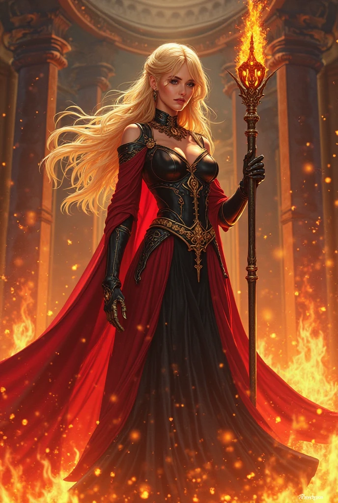 1 magician woman, expressive black eyes, elf ear, blonde hair, barely dressed with a black and red drape,  ,ritual pose , a golden cup in one hand and using his fire magic in the other,  full length portrait , mystical dungeon interior atmosphere in background, detail richness, masterpiece, best quality