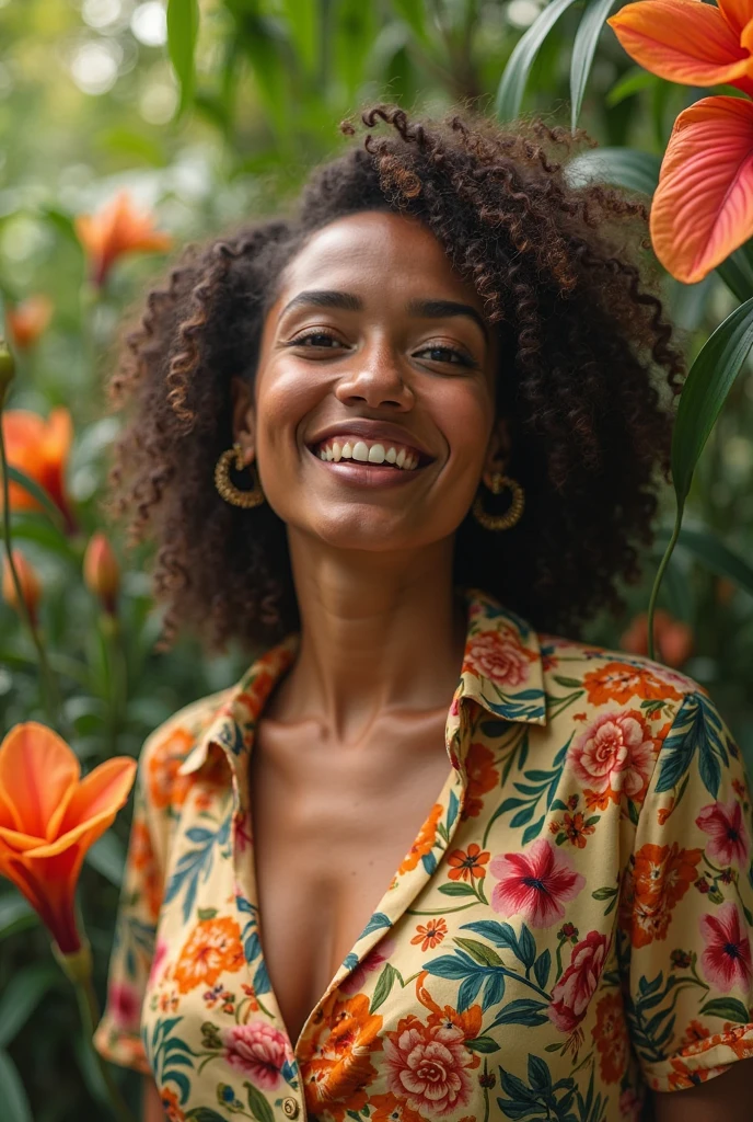A Brazilian woman in a lush tropical garden, wearing an open shirt with a floral print, with a close-up capturing the harmonious beauty between her breasts and the natural flowers, showing off your natural charm and outgoing personality.