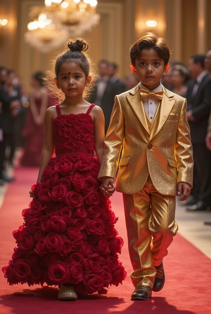 two black children, a boy and a girl. boy wears red and white clothes. Girl wears yellow and gold clothes. king and queen style. playing with colorful candies design
