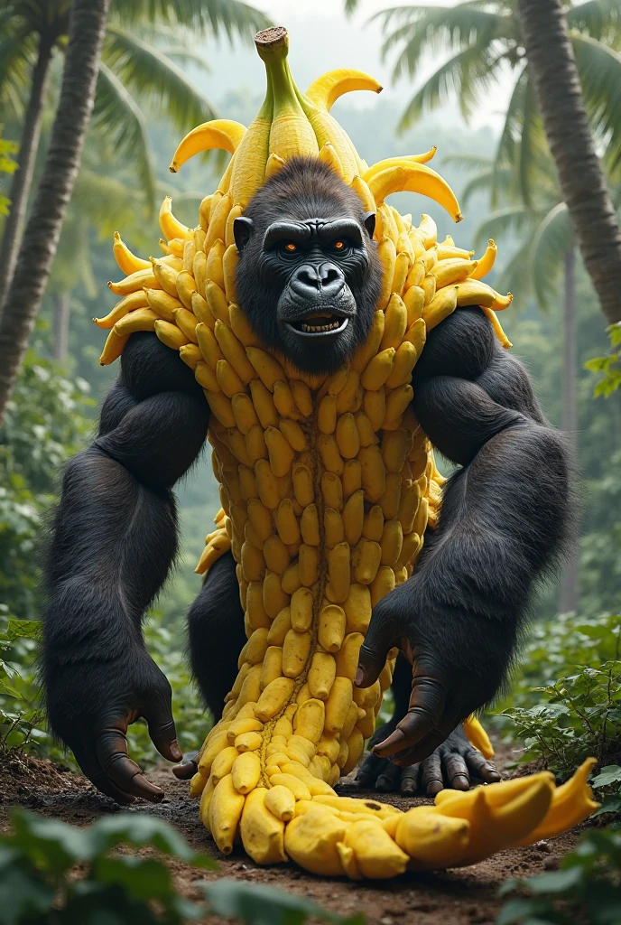 A yellow gorilla holding a banana in anime style