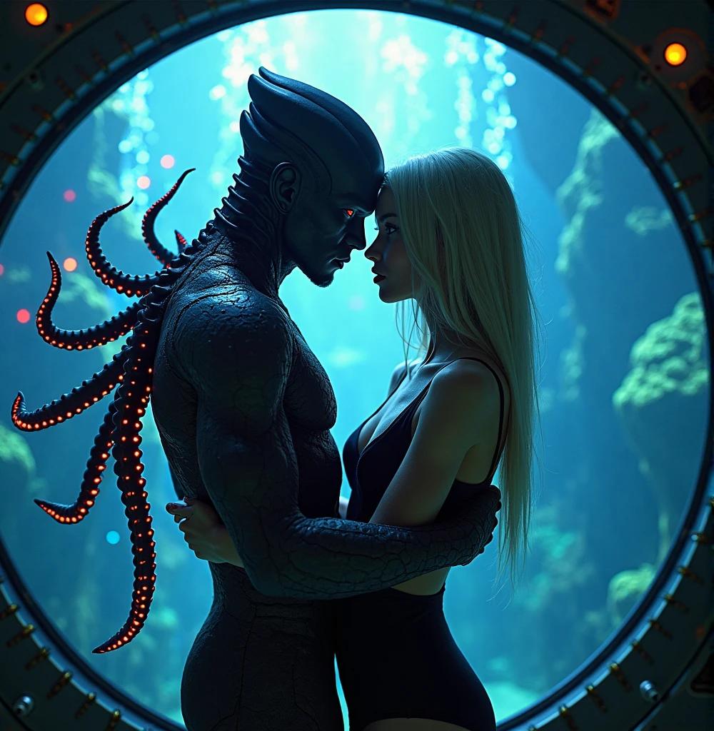 6'6 Young beautiful merman (male) with pale skin slim body and white long lushy hair and masculine dark face with long fishtail inside a water glass tank floating and a 6'2 young college guy, masculine hansome dark sexy facial features standing on the other side with half buttons off from his black tshirt. They are looking at eachother