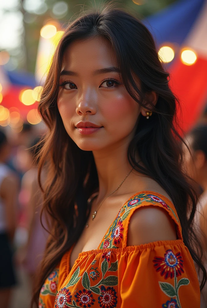A beautiful Filipina woman wearing modern Filipiña outfit ,there is a ...