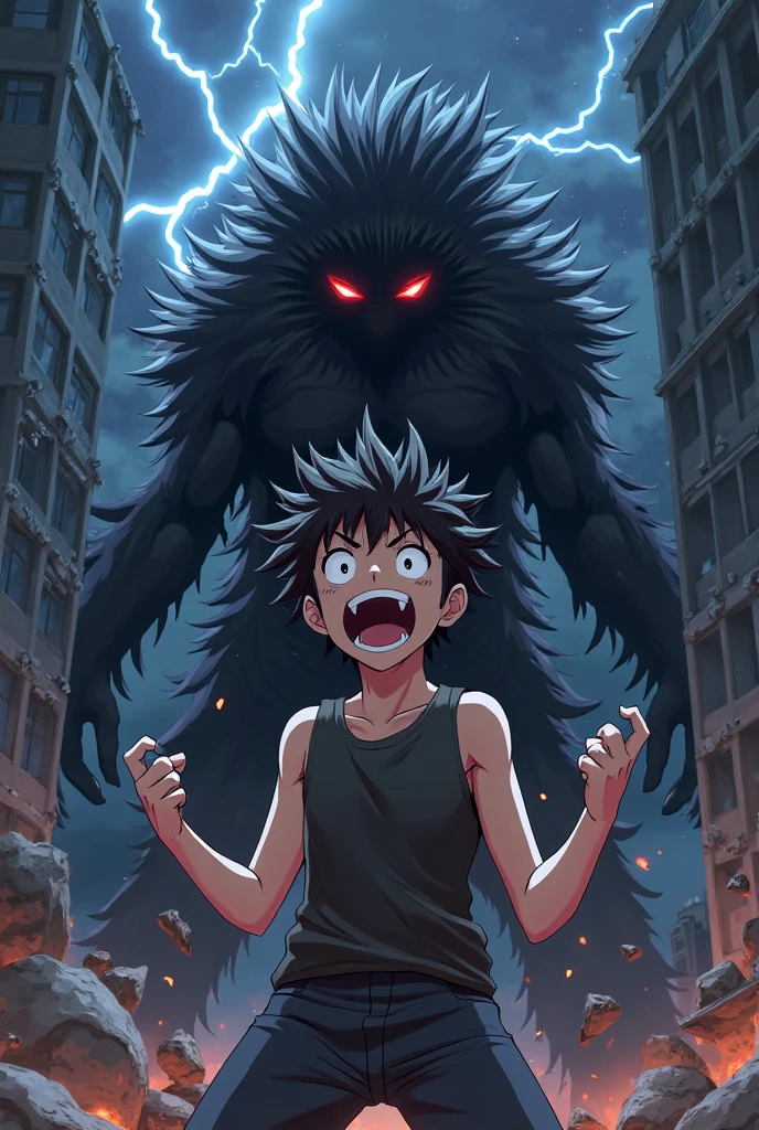 Create a completely black anime style demon surrounded by cyan blue electrical energy, protecting a turquoise-haired Japanese boy