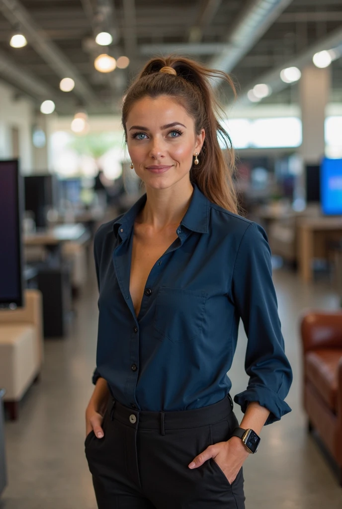 Young woman,Wearing blue work suit,Sitting at your desk,drinking tea,with short golden hair,ssmile,Ultimate detail,exquisite face