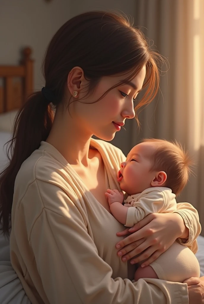 Teen Chinese girl feeding her breast to her new born sister