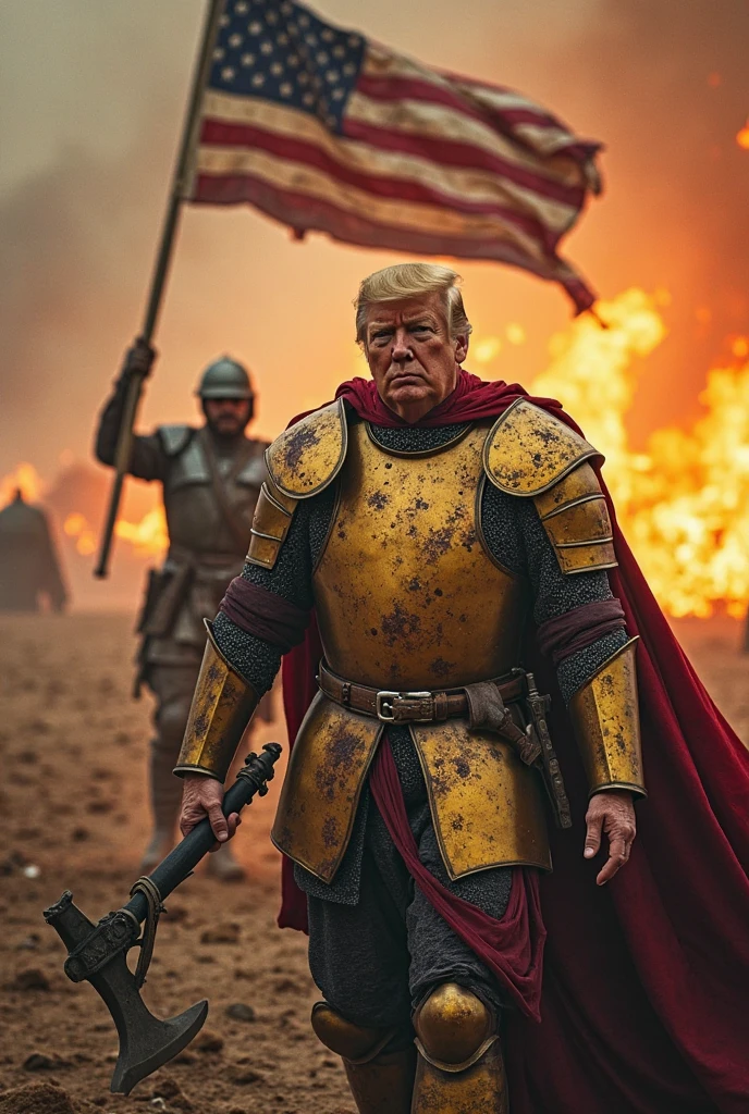 Donald Trump,dressed in armor,(holding a large sword in his right hand and a flag in his left hand that says "MAGA":1.3),ancient battle scene,corpses littered,epic scene,comedic yet solemn,Surrealism,professional photography,film color,film lighting,UHD,8K,<lora:HKStyle:1>, HKStyle,