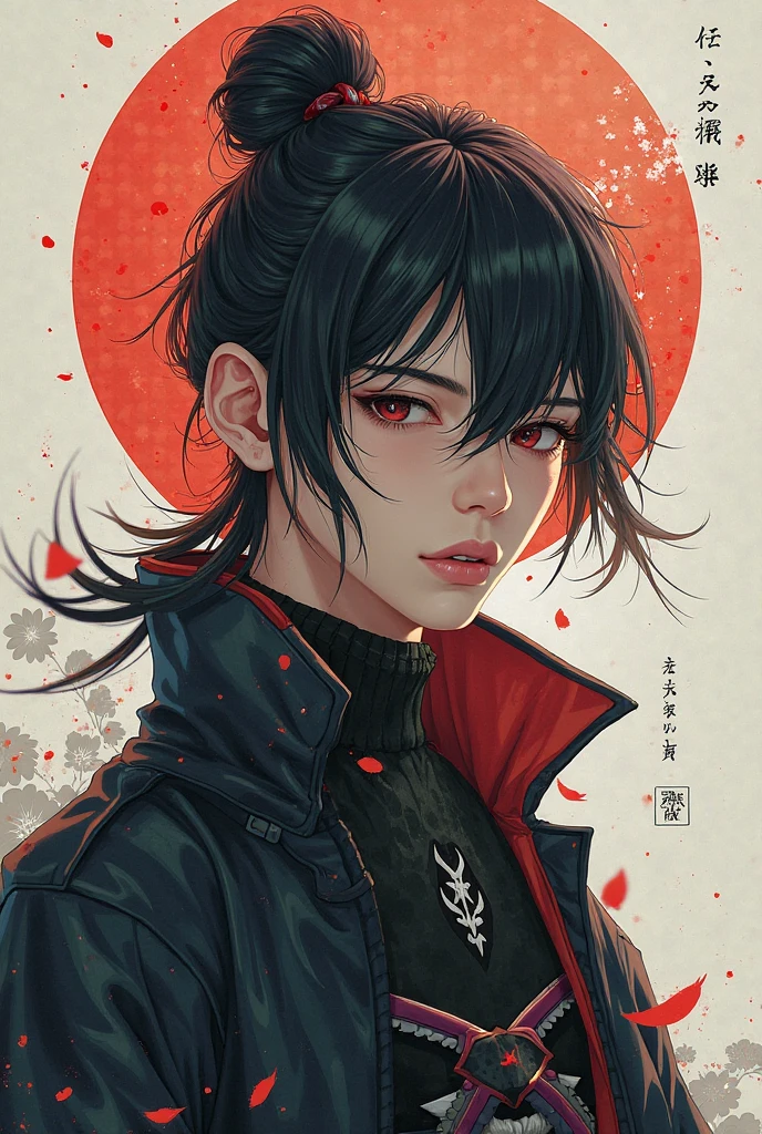 Slim girl with a well-worked body of white skin, messy short dark brown hair with red streaks, red eyes, Irritated facial expression. Japanese gang uniform in black with the emblem of a red scorpion on the back, and on the sleeves it says レッドサソリ