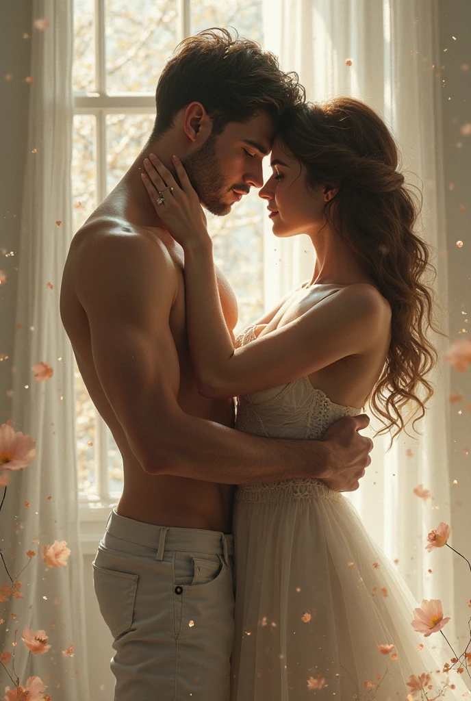 A petit, delicate woman being held by a tall and muscular man.