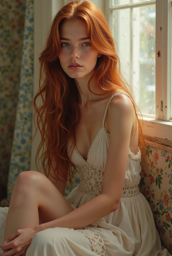 Professional raw photo of English model, 18yo woman, beautiful long red hair, very pale skin with light freckles, perfectly detailed sparkling eyes, natural small breasts, she is tall and has perfect long legs, wearing a white summer dress, full-body shot, in a big soft blue chair, showing her inner beauty, looking at viewer, background is a simple wallpaper in a dark room, fashion magazine cover style, dof