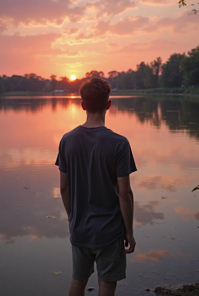 Genrate a boy 13 who is a bit healthy and has a great physique he is standing a lake side with is face and body turned on towards the lake the surroundings are trees sunset shining at the  water he had his shirt on which is blue black pants face is not visible most is surroundings are looking black