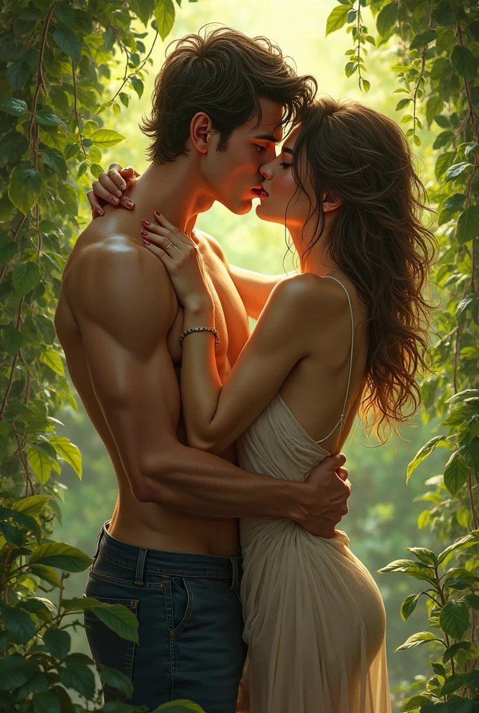 n tall man, Handsome, muscular man carries a brown-haired woman in his arms wearing a tight emerald green dress, up to the waist because the man rams her against the tree. The man grabs her by the hips as he penetrates her and the woman's bare legs surround the blonde man's body.. realist, high quality image. They are kissing passionately. The man holds the woman, pinning her back against the tree trunk while he attacks her.