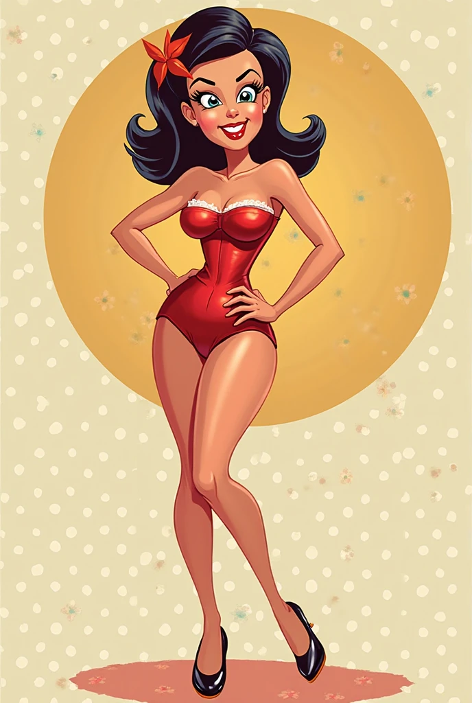 pop art, <lora:Bruc3T1mm:0.7> 1girl, solo, bikini, full body, red hair, ponytail, looking at viewer, red lips, midtone pattern background, <lora:pop_art_style_v11:0.8>