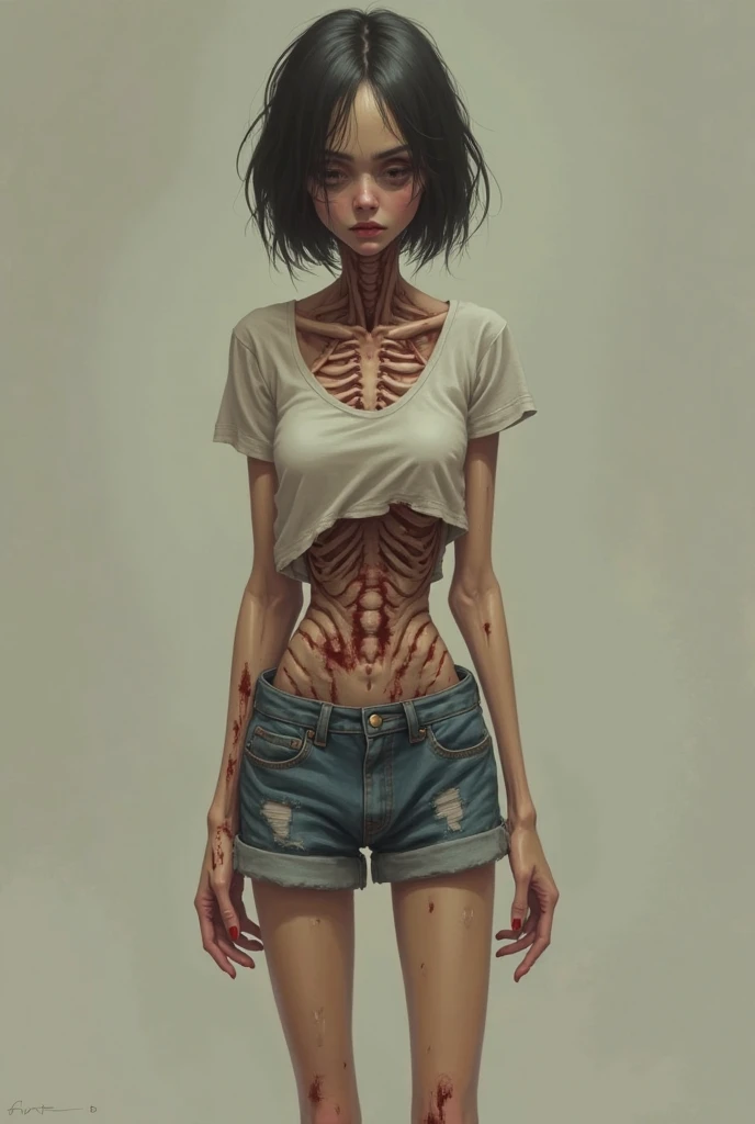 Skinny female，emaciated，the ribs，innominate bone，pelvic bone，sternum，flatchest，big breasts thin waist，Thin leg，tightsuit，hunger