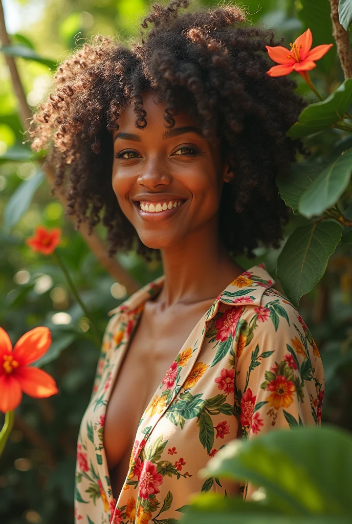 A Brazilian woman in a lush tropical garden, wearing an open shirt with a floral print, with a close-up capturing the harmonious beauty between her breasts and the natural flowers, showing off your natural charm and outgoing personality