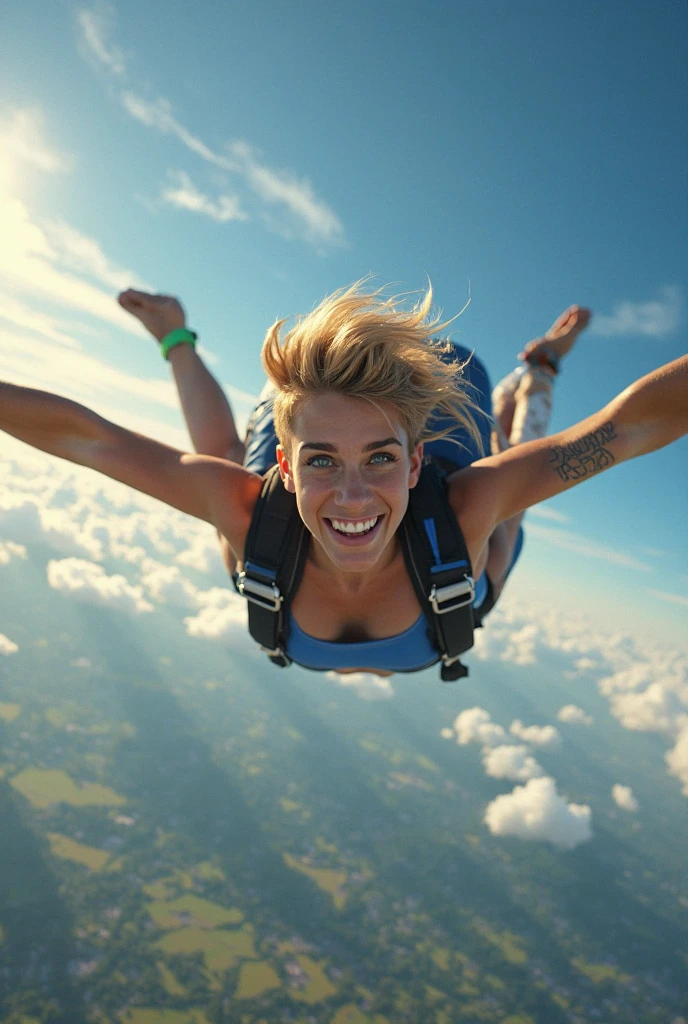 A picture of Sophia skydiving from a plane, with a wide smile on her face as she freefalls through the sky.,original,In her late 20s, Sophia Turner exudes stunning beauty, easily fitting into the affluent and stylish community of Pacific Palisades. She is often seen in elegant attire, a testament to her successful high-end jewelry business, and is the picture of grace and sophistication, whether attending business events or managing her picture-perfect family life with her two beautiful children.