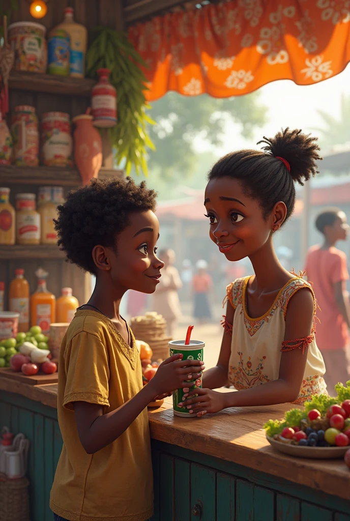 A beautiful African fair in complexion with a long curly full hair teenage girl. Holding a bucket and standing near a tap and another older African teenage girl fair in complexion with a long curly full hair also holding a bucket standing behind the other girl. Both girls look sad( giving a neutral expression)
outside on a sunny afternoon.realistic paint
