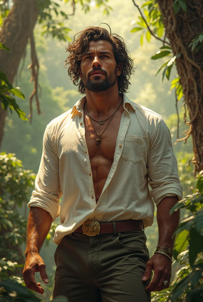 a ripped tanned young boy, Shirtless, curly very short black hair, sweaty and ragged attire, G-string, standing in a rustic village setting, high detail, realistic, dynamic lighting, portrait, character design, cinematic atmosphere, masterpiece .