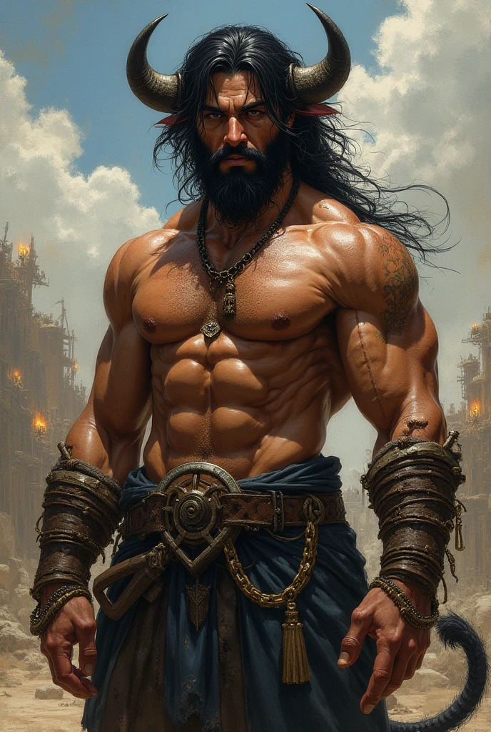 He has very long auburn hair that reaches the middle of his back, adorned with a few braids and decorated with feathers. He is extremely tall with a beard and dark brown eyes. He is known as a gentle giant. Wearing a suit