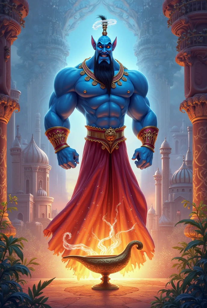 Draw a muscular God with four arms, Dark purple skin with gold bracelets and a red ball necklace with white pants and an orange aura around him