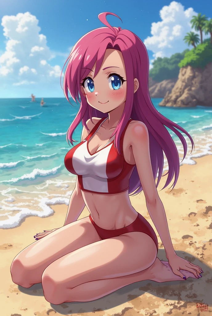 Jessy from the Pokemon Rocket team, on the beach she is wearing a micro bikini, you can see her round breasts and her firm buttocks, it must be an anime style and the posing must be the same