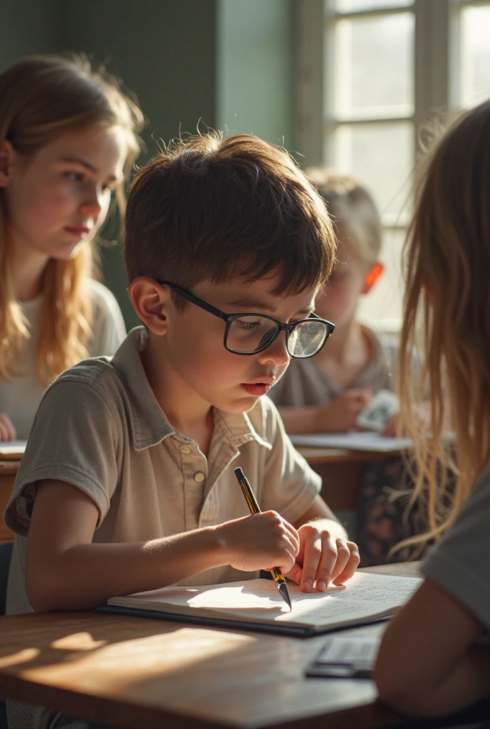 Developing cultural and intellectual skills, education according to the curricula prescribed for students , receiving information in the classroom, a close-up picture of a latin student with glases wearing a blue uniform sitting on a school desk, performing school assignments
