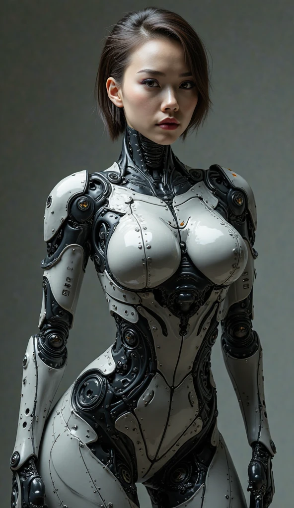 1 girl, thin body, dynamic poses, (accurate medium breasts:1.2), ultra-detailed, (viewer facing:1.2), (bright sunny day:1.2), (Intricate body details:1.3),(best quality:1.2), (Ultra Highres:1.1), carefully drawn hands, highly detailed face and eyes, (short dark blue hair:1.3), short bobcut, (huge ahoge:1.3), (glasses:1.3), (big yellow eyes:1.2), (sexy gynoid girl:1.2), (partially nude:1.2), full body shot, standing, front view, (futuristic library), bookshelfs, books, blury background, (transparent skin:1.2), internal glow from skin, mechanical parts of the robot are visible through the skin, doll joints, refphotofront